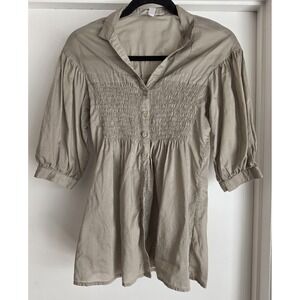 KUHLE Women's Blouse Size M Beige Cotton 3/4 Sleeve Casual Top